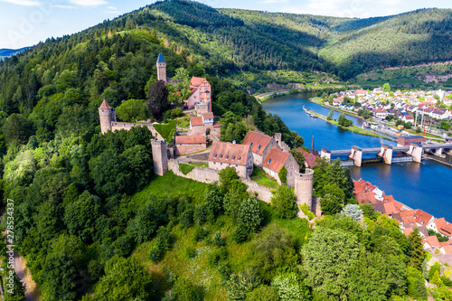 Aerial view, Castle Hirschhorn at river Neckar, Odenwald, Hesse, Germany,