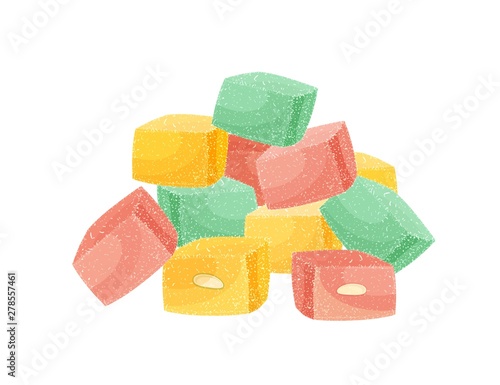 Pile of Turkish delight or rahat lokum isolated on white background. Assortment of tasty oriental sweets, traditional confection, delicious Arabic dessert with nuts. Cartoon vector illustration.