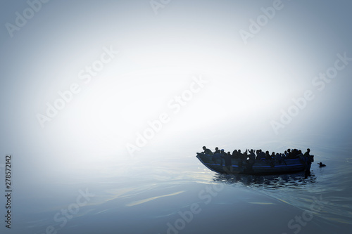 Illustration of a refugee boat on the sea in bright misty color and mysterious atmosphere.Hopeless people. 3D Render.