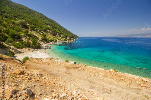 Vouti beach, Kefalonia island, Greece. People relaxing at the beach. 