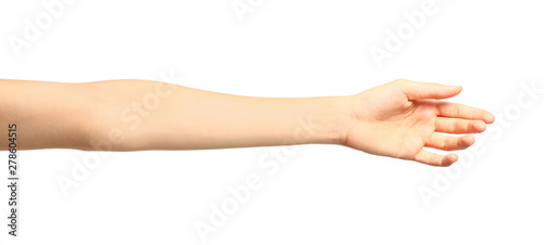 Young woman showing hand on white background, closeup