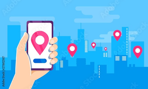 Buying, selling and renting flat, apartment, loft, home network rental property agency. flat vector. apartment navigation position, search Ideally placed apartment application on phone screen in hand