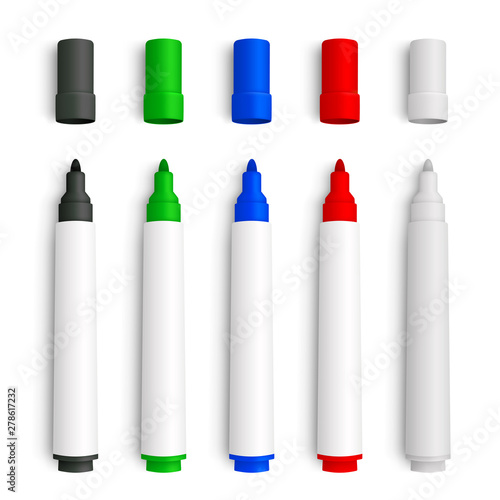 Realistic 3D set of marker pens, red, green, yellow, black and white mackup - stock vector.