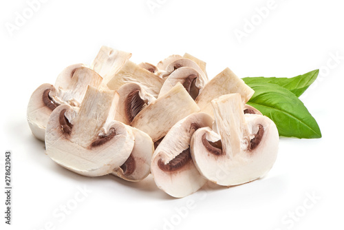 Sliced champignons, close-up, isolated on white background