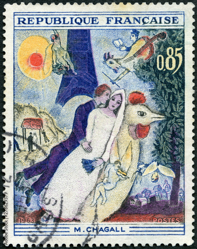 FRANCE - 1963: shows The Married Couple of the Eiffel Tower, by Marc Chagall (1887-1985)