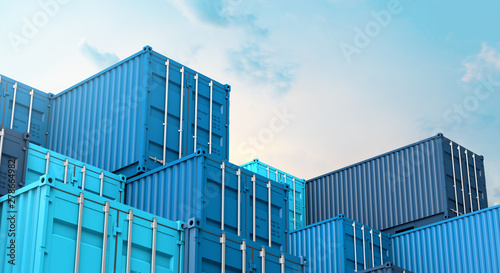 Stack of blue containers box, Cargo freight ship for import export 3D