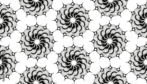 seamless floral mosaic of stylized peonies in black and white
