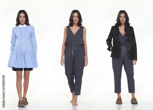 Group pack collage of Asian Tanned skin 20s slim woman black hair stand fashion posing in Casual Dress Clothes, full length snap studio lighting white background isolated