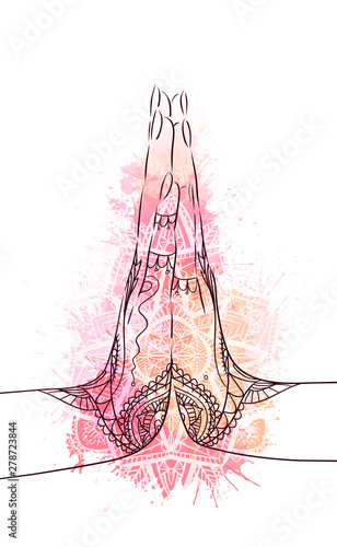Indian hands in mehndi in yoga meditation gesture on mandala paisley. Namaste mudra on pink watercolor splash. Calm and peace. Vector card for your creativity