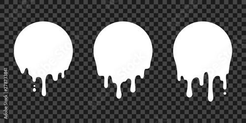 Paint drip stickers, circle white melt drop vector icons. Vector milk circle melt drops, graffiti paint drip blobs