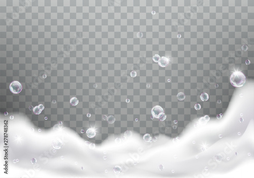 Bath foam realistic vector illustration on transparent background. White soap suds with rainbow air bubbles, shampoo bubbles or foaming detergent texture, frame or border for design