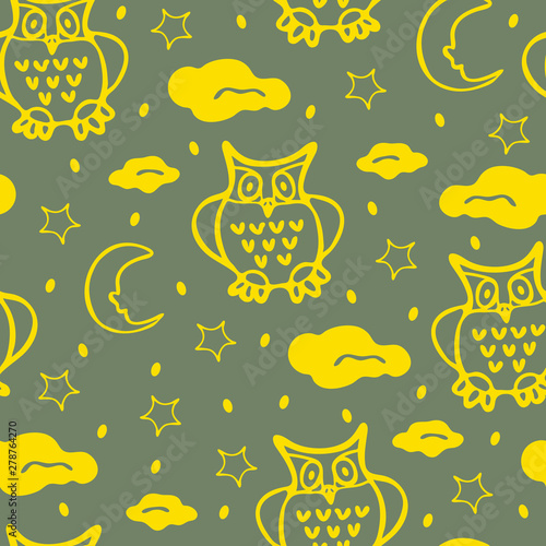 Cute owls seamless pattern in simple style with ornaments. Can be printed and used as wrapping paper, wallpaper, textile, fabric, etc. Bright yellow wallpaper