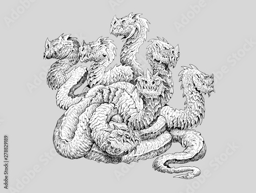 Lernaean Hydra - mythological creature. Multi headed dragon drawing. Fearsome monster. 