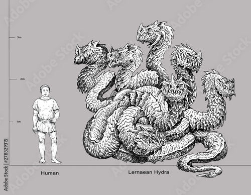 Lernaean Hydra - mythological creature and human. Multi headed dragon drawing. Fearsome monster.