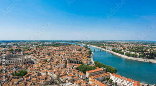 Panorama of ancient town Arles in Provence and Cote d'Azur, France, South Europe. Famous tourist destination with old Roman Artena