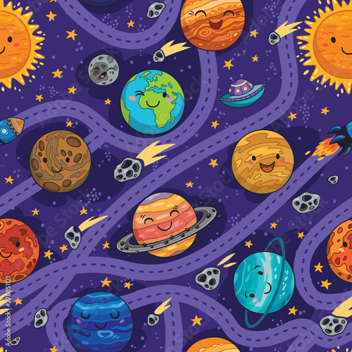 Seamless pattern with with cartoon planets, spaceship, rocket and asteroids