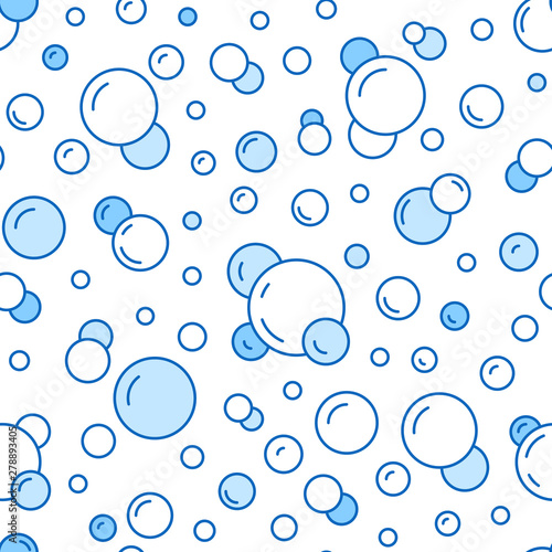 Bubbles vector seamless pattern with flat line icons. Blue white color soap texture. Fizzy water background, abstract effervescent effect wallpaper