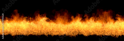 Line of fire at bottom - fire 3D illustration of visionary fiery fire, sylized frame isolated on black background