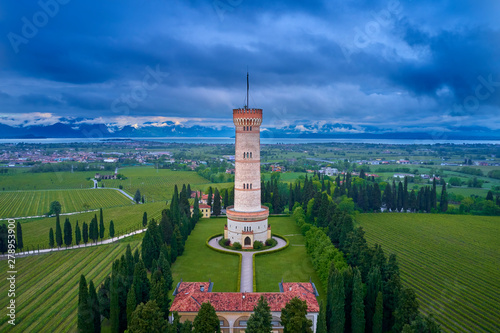 Aerial photography with drone, the Tower of San Martino della Battaglia, Italy.