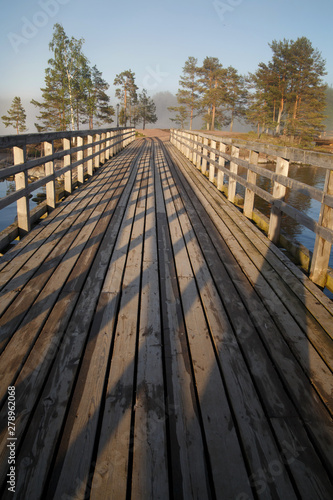Old wooden bridge, Valaam, Karelia, Russia.