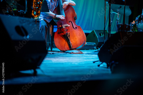 Artist playing double bass live on stage during music event