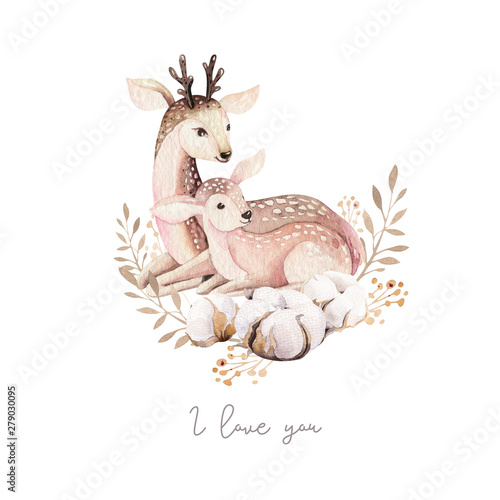 Watercolor little deer baby and mother watercolour bembi cartoon baby nursery. Forest funny young deer illustration. Fawn animal. Mom and baby decor