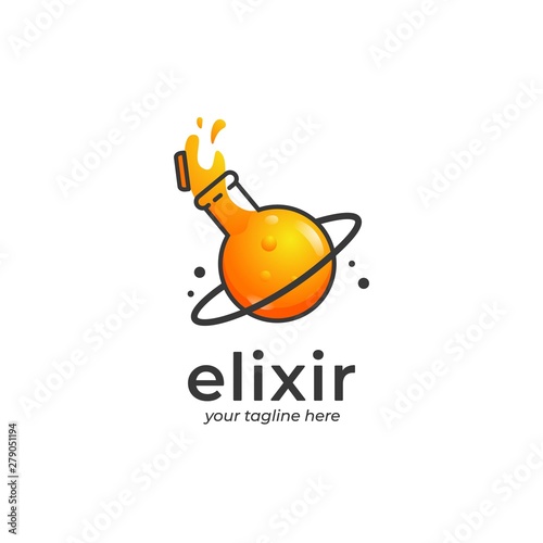 Spilled elixir logo, spilled orange potion logo with planet shape glass container with ring in cartoon style illustration