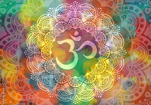 Abstract mandala graphic design and diwali om hinduism symbol with watercolor digital painting for decorative elements backgrounds