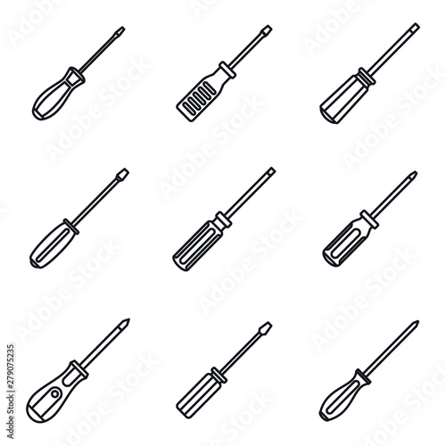 Screwdriver tool icons set. Outline set of screwdriver tool vector icons for web design isolated on white background