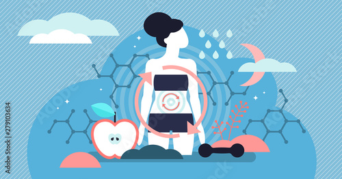 Metabolism vector illustration. Flat tiny food to energy persons concept.