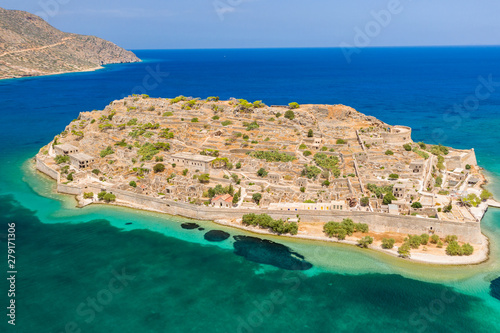 Aerial drone view of the former ancient fortress and leper colony island of Spingalonga on the Greek island of Crete