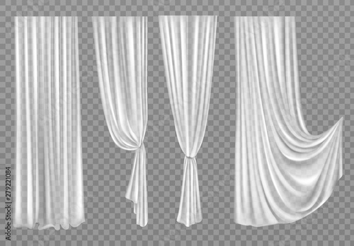 White curtains set isolated on transparent background. Folded cloth for window decoration, soft lightweight clear material, fabric hangings drapery of different forms. Realistic 3d vector illustration