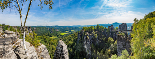 Panorama view on Bastei bridge in Saxony sandstone mountains national park