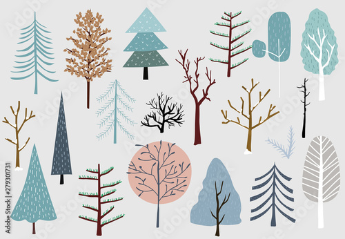 Winter tree set with blue,brown,pink illustration for sticker,postcard,background,christmas invitation