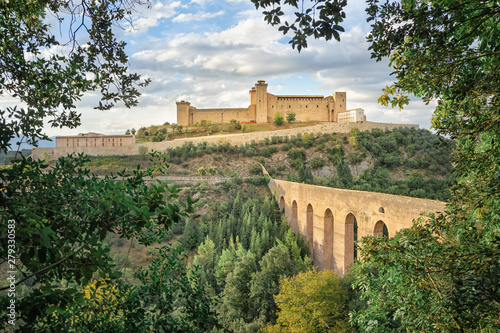 Ponte delle torri medieval bridge and Rocca Albornoziana hilltop fortress in Spoleto, Province of Perugia, Italy