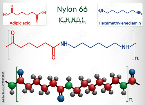 Nylon 66 or nylon molecule. It is plastic polymer. Structural chemical formula and molecule model