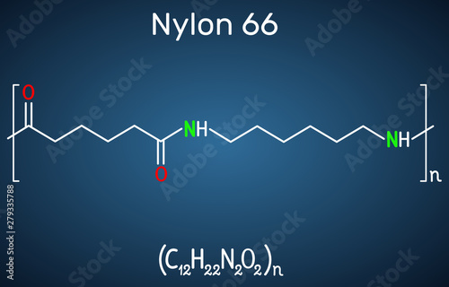 Nylon 66 or nylon molecule. It is plastic polymer. Structural chemical formula on the dark blue background