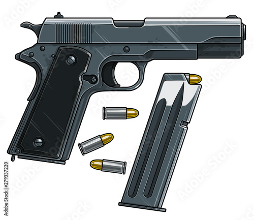 Graphic cartoon colorful detailed metallic handgun pistol with ammo clip and bullets. Isolated on white background. Vector icon. Vol. 2