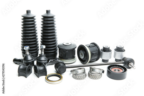 set of different autoparts isolated on white background. spare parts for the running system of the car.