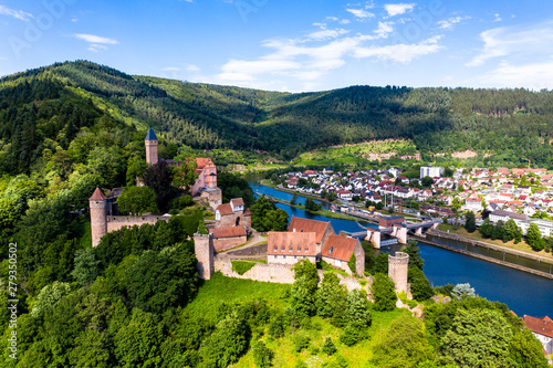 Aerial view, Castle Hirschhorn at river Neckar, Odenwald, Hesse, Germany,