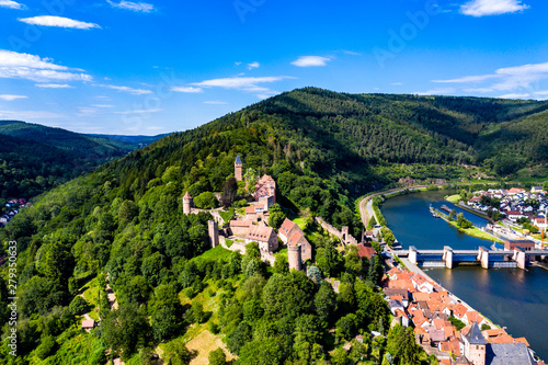 Aerial view, Castle Hirschhorn at river Neckar, Odenwald, Hesse, Germany,