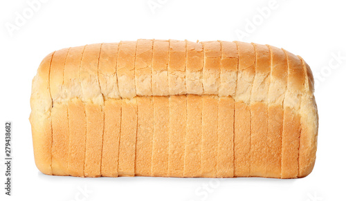 Sliced loaf of wheat bread isolated on white