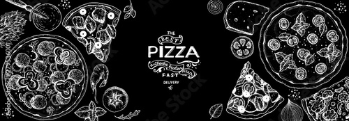 Italian pizza and ingredients top view frame. Italian food menu design template. Vintage hand drawn sketch, vector illustration. Engraved style illustration. Pizza label for menu.