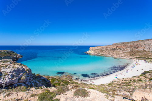 Lampedusa Island Sicily - Rabbit Beach and Rabbit Island Lampedusa “Spiaggia dei Conigli” with turquoise water and white sand at paradise beach.