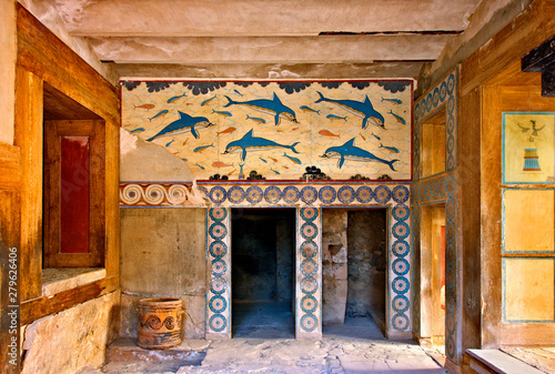 The Dolphins fresco from the Queen's Megaron at the Minoan palace of Knossos, Heraklion, Crete, Greece.