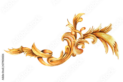 Watercolor golden baroque floral curl, rococo ornament element. Hand drawn gold scroll, leaves isolated on white background. Vintage design collection. Classic corner