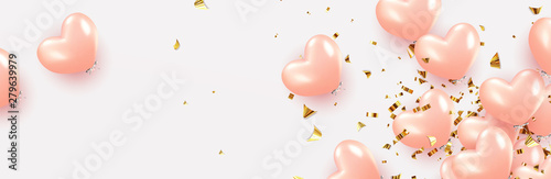 Festive background with helium balloons. Celebrate a birthday, Poster, banner happy anniversary. Realistic decorative design elements. Vector 3d object ballon heart shape, pink color.