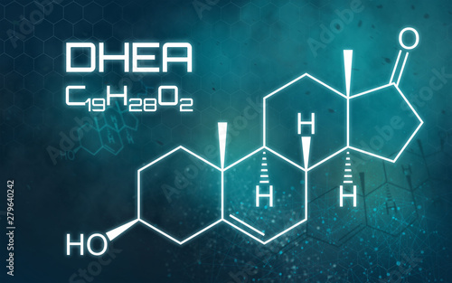 Chemical formula of DHEA on a futuristic background