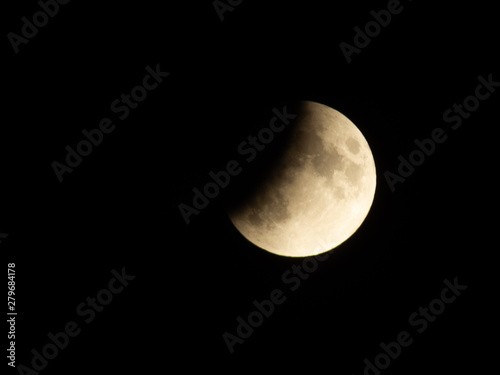 Progressing partial lunar eclipse with visible lunar seas and craters on moon surface