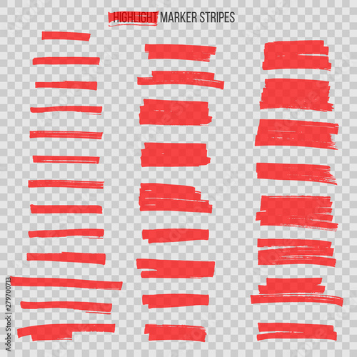Red semitransparent highlight marker stripes isolated on transparent background. Vector design elements.